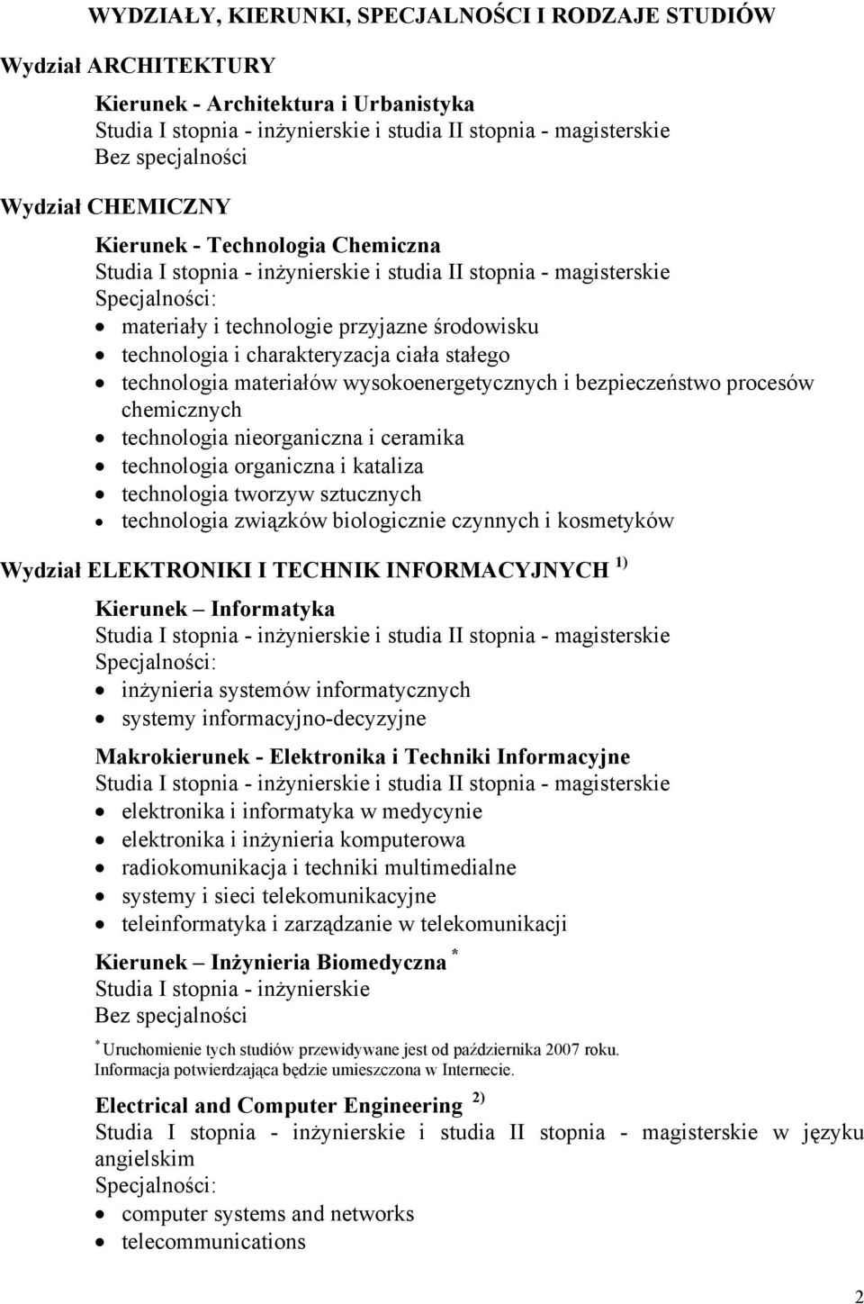 technologia organiczna i kataliza technologia tworzyw sztucznych technologia związków biologicznie czynnych i kosmetyków Wydział ELEKTRONIKI I TECHNIK INFORMACYJNYCH 1) Kierunek Informatyka