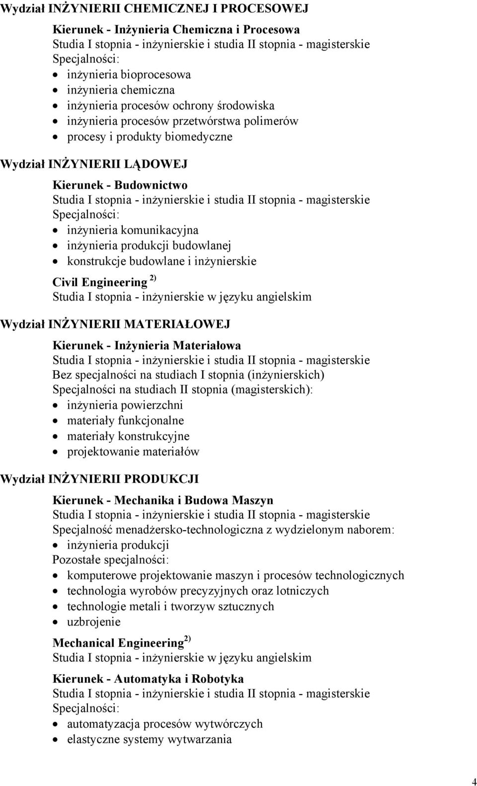 Civil Engineering 2) Studia I stopnia - inżynierskie w języku angielskim Wydział INŻYNIERII MATERIAŁOWEJ Kierunek - Inżynieria Materiałowa Bez specjalności na studiach I stopnia (inżynierskich)