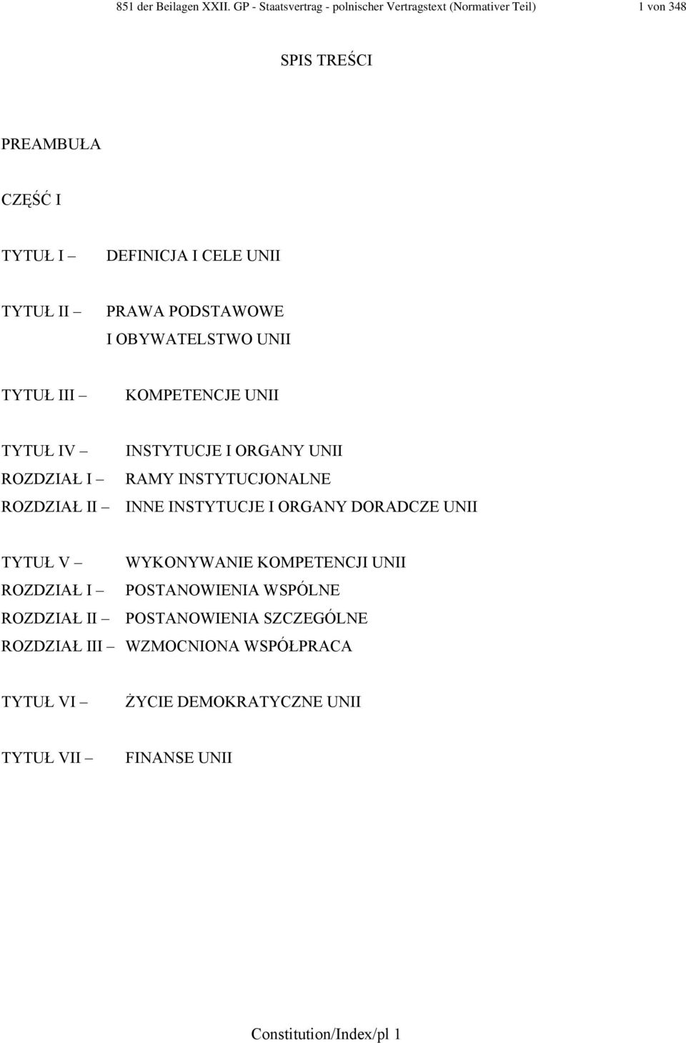 PRAWA PODSTAWOWE I OBYWATELSTWO UNII TYTUŁ III KOMPETENCJE UNII TYTUŁ IV ROZDZIAŁ I ROZDZIAŁ II INSTYTUCJE I ORGANY UNII RAMY INSTYTUCJONALNE