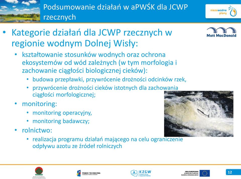 przepławki, przywrócenie drożności odcinków rzek, przywrócenie drożności cieków istotnych dla zachowania ciągłości morfologicznej;