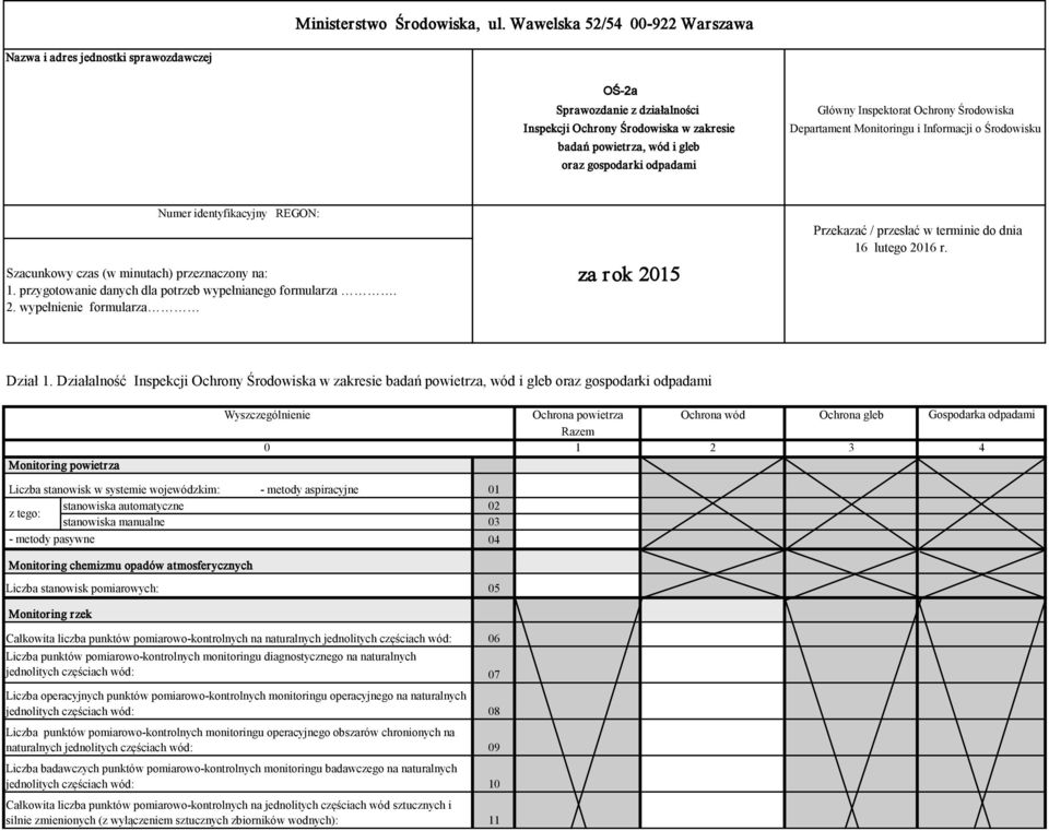 Główny Inspektorat Ochrony Środowiska Departament Monitoringu i Informacji o Środowisku Numer identyfikacyjny REGON: Szacunkowy czas (w minutach) przeznaczony na: 1.