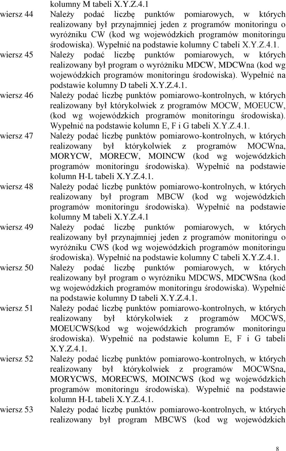 Y.Z.4.1. wiersz 48 realizowany był program MBCW (kod wg wojewódzkich kolumny M tabeli X.Y.Z.4.1 wiersz 49 Należy podać liczbę punktów pomiarowych, w których wyróżniku CWS (kod wg wojewódzkich programów monitoringu środowiska).