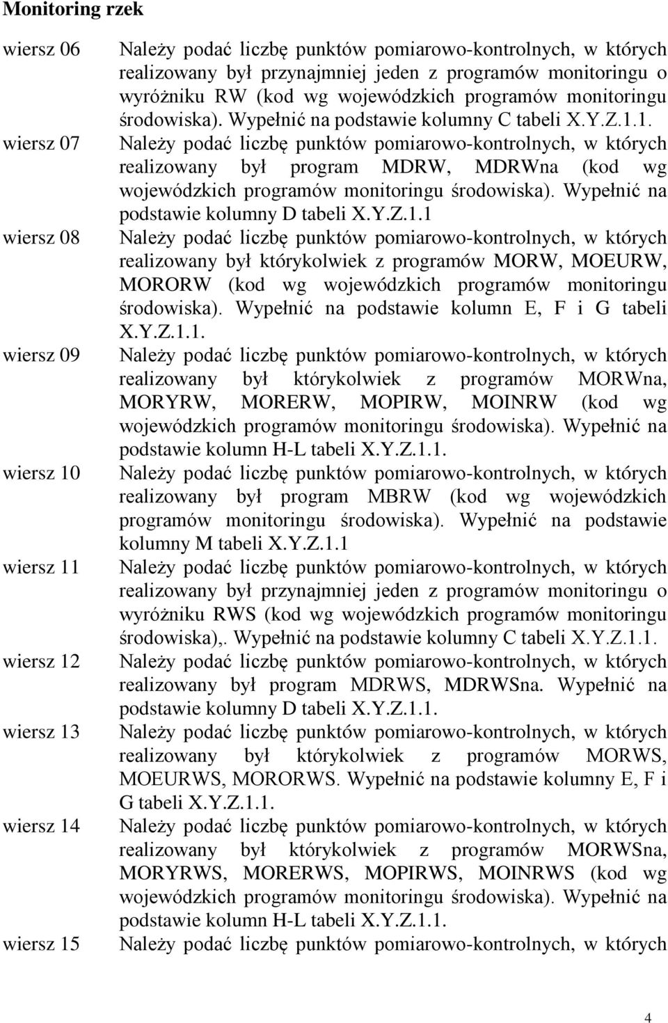 Wypełnić na podstawie kolumn E, F i G tabeli X.Y.Z.1.1. realizowany był którykolwiek z programów MORWna, MORYRW, MORERW, MOPIRW, MOINRW (kod wg podstawie kolumn H-L tabeli X.Y.Z.1.1. realizowany był program MBRW (kod wg wojewódzkich kolumny M tabeli X.