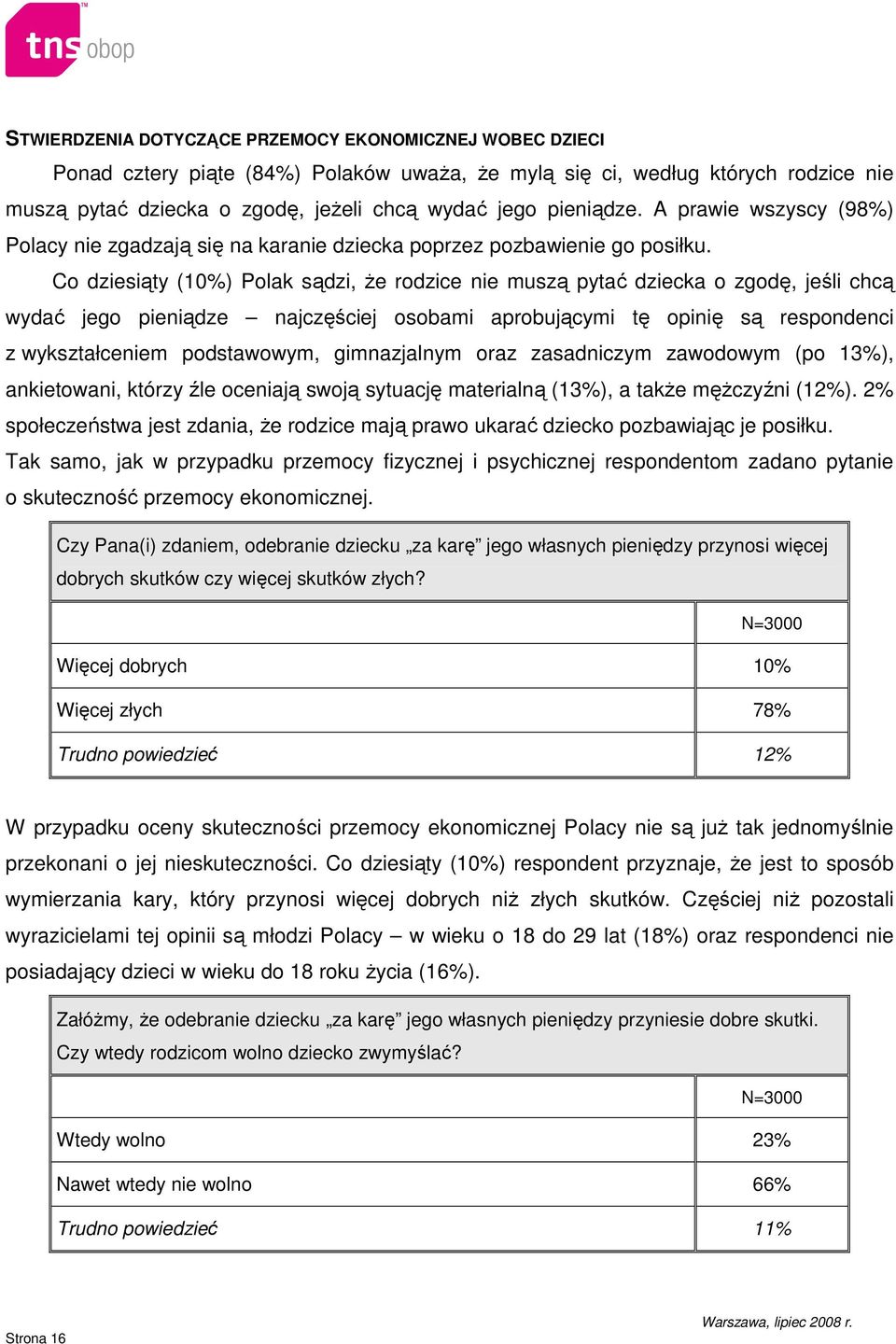 Co dziesiąty (10%) Polak sądzi, Ŝe rodzice nie muszą pytać dziecka o zgodę, jeśli chcą wydać jego pieniądze najczęściej osobami aprobującymi tę opinię są respondenci z wykształceniem podstawowym,