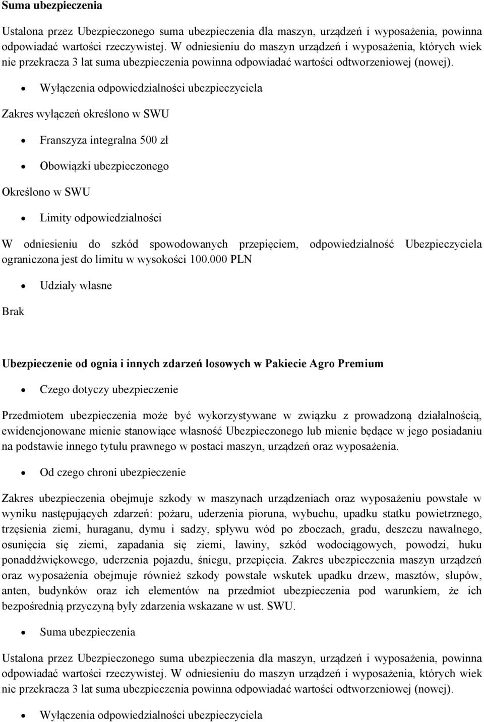 Zakres wyłączeń określono w SWU Franszyza integralna 500 zł Obowiązki ubezpieczonego Określono w SWU Limity odpowiedzialności W odniesieniu do szkód spowodowanych przepięciem, odpowiedzialność