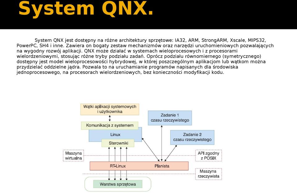 QNX może działać w systemach wieloprocesowych i z procesorami wielordzeniowymi, stosując różne tryby podziału zadań.