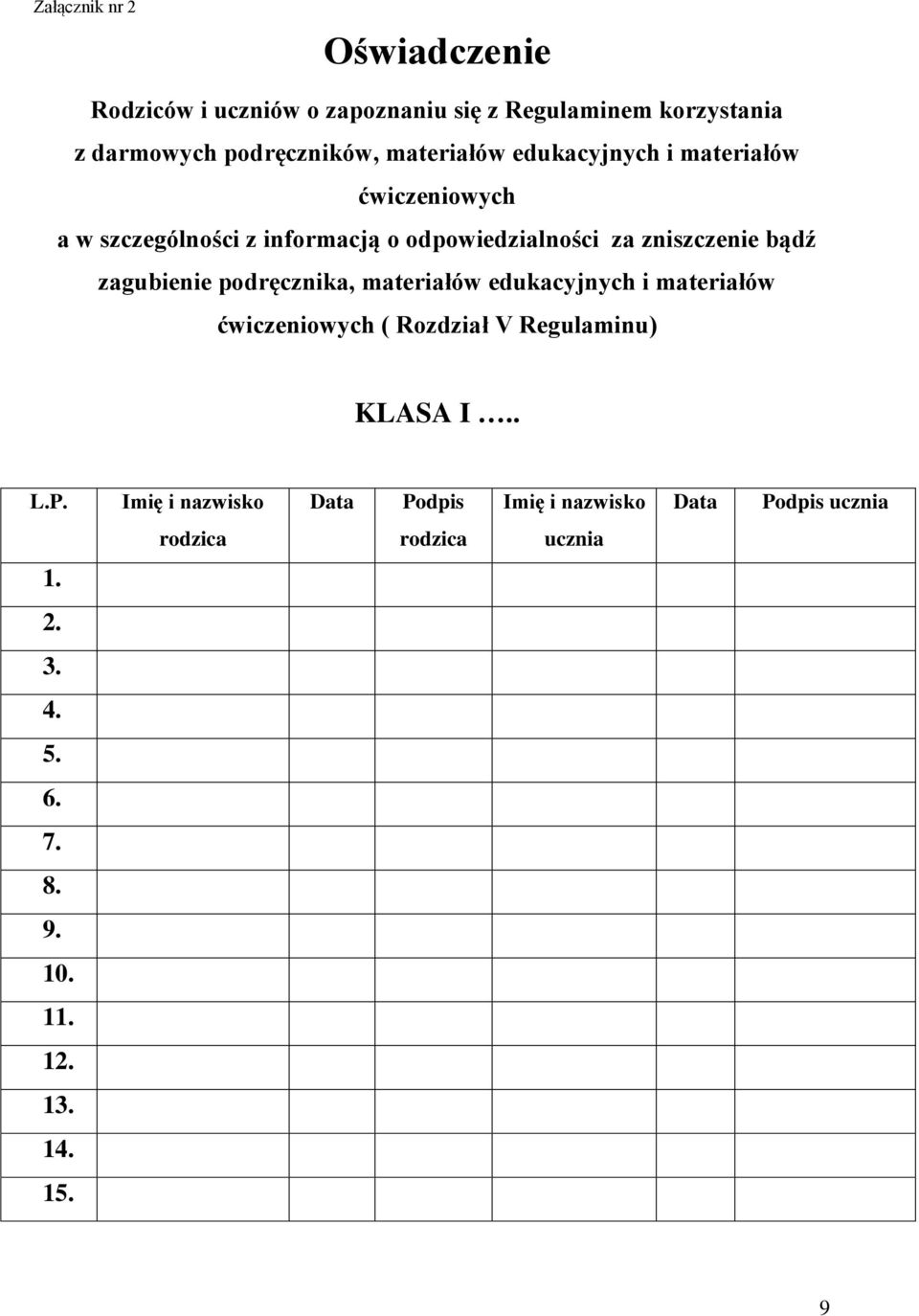 zagubienie podręcznika, materiałów edukacyjnych i materiałów ćwiczeniowych ( Rozdział V Regulaminu) KLASA I.. L.P.