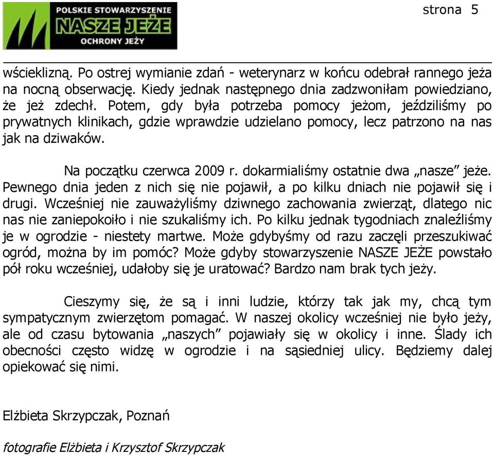 dokarmialiśmy ostatnie dwa nasze jeże. Pewnego dnia jeden z nich się nie pojawił, a po kilku dniach nie pojawił się i drugi.