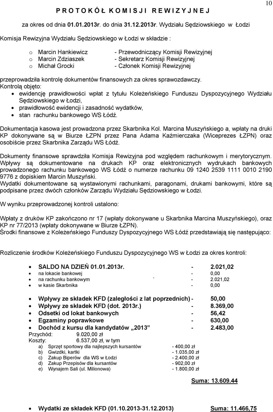 Wydziału Sędziowskiego w Łodzi Komisja Rewizyjna Wydziału Sędziowskiego w Łodzi w składzie : o Marcin Hankiewicz o Marcin Zdziaszek o Michał Grocki - Przewodniczący Komisji Rewizyjnej - Sekretarz
