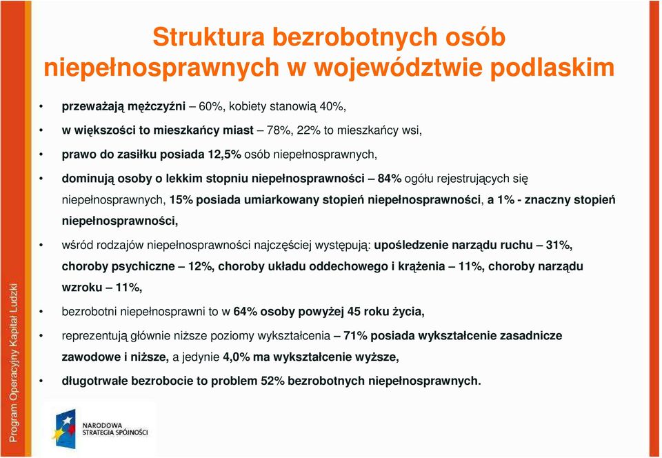 znaczny stopień niepełnosprawności, wśród rodzajów niepełnosprawności najczęściej występują: upośledzenie narządu ruchu 31%, choroby psychiczne 12%, choroby układu oddechowego i krąŝenia 11%, choroby