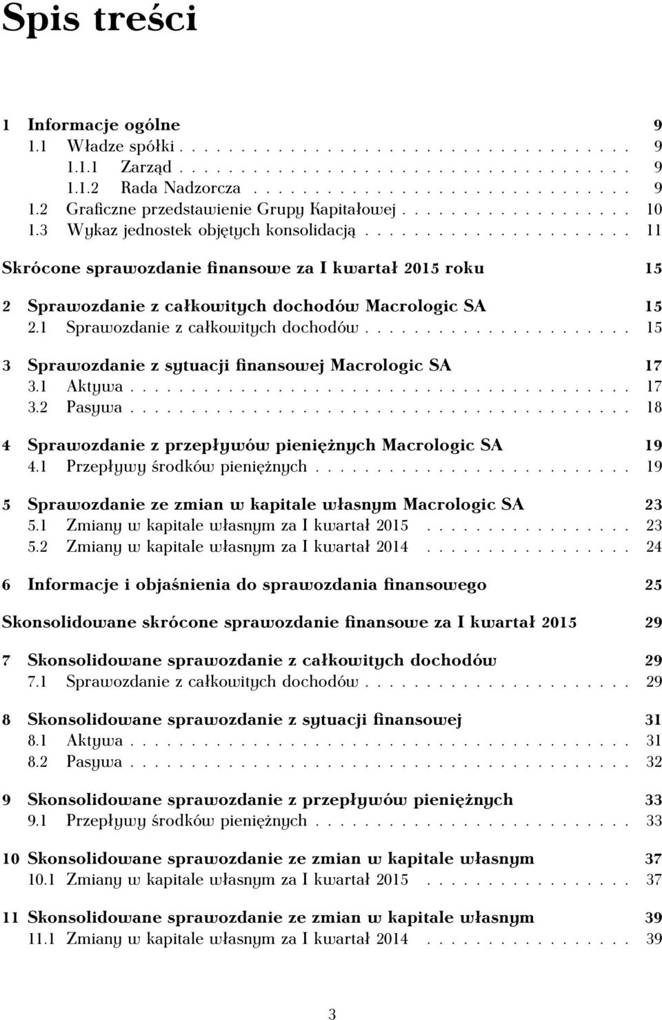 1 Sprawozdanie z całkowitych dochodów...................... 15 3 Sprawozdanie z sytuacji finansowej Macrologic SA 17 3.1 Aktywa......................................... 17 3.2 Pasywa.