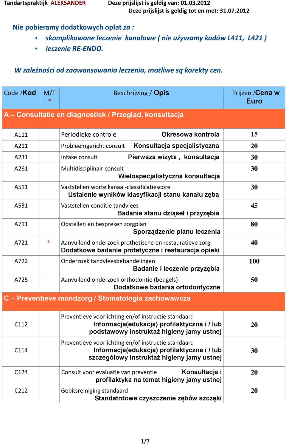 Code /Kod M/T * Beschrijving / Opis Prijzen /Cena w Euro A Consultatie en diagnostiek / Przegląd, konsultacja A111 Periodieke controle Okresowa kontrola 15 A211 Probleemgericht consult Konsultacja