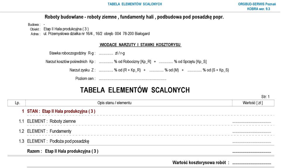 .. % od (R + Kp_R) +... % od (M) +... % od (S + Kp_S) Poziom cen :... TABELA ELEMENTÓW SCALONYCH Str: 1 Lp.