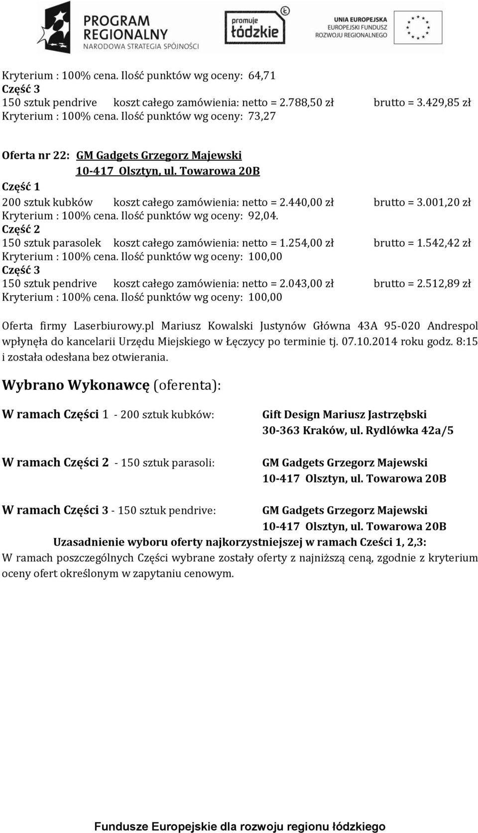 001,20 zł Kryterium : 100% cena. Ilość punktów wg oceny: 92,04. 150 sztuk parasolek koszt całego zamówienia: netto = 1.254,00 zł brutto = 1.542,42 zł Kryterium : 100% cena.