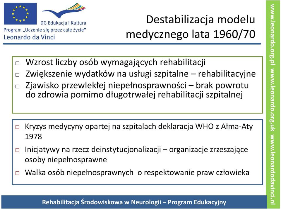 rehabilitacji szpitalnej Kryzys medycyny opartej na szpitalach deklaracja WHO z Ałma-Aty 1978 Inicjatywy na rzecz