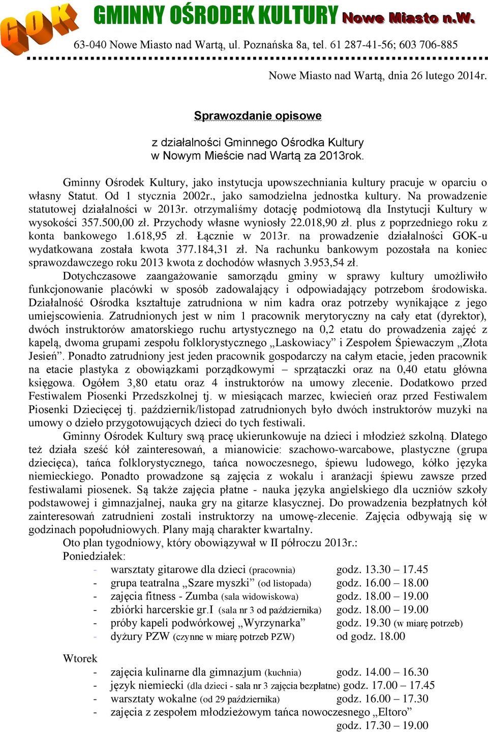 Od 1 stycznia 2002r., jako samodzielna jednostka kultury. Na prowadzenie statutowej działalności w 2013r. otrzymaliśmy dotację podmiotową dla Instytucji Kultury w wysokości 357.500,00 zł.
