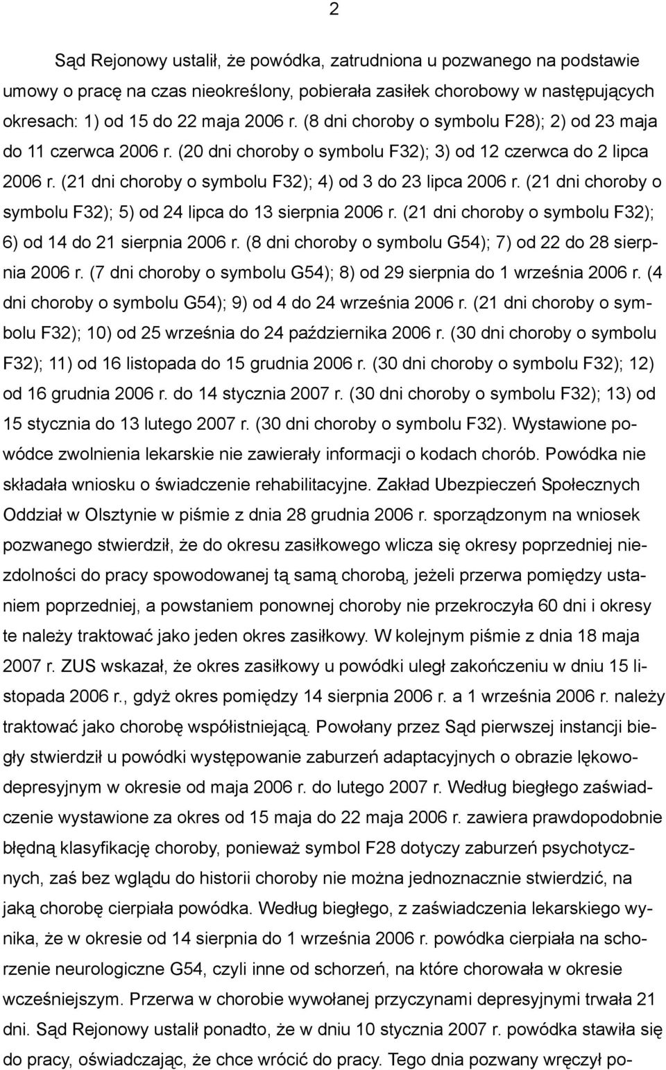 (21 dni choroby o symbolu F32); 5) od 24 lipca do 13 sierpnia 2006 r. (21 dni choroby o symbolu F32); 6) od 14 do 21 sierpnia 2006 r. (8 dni choroby o symbolu G54); 7) od 22 do 28 sierpnia 2006 r.