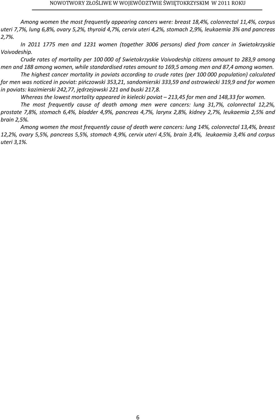 Crude rates of mortality per 100 000 of Swietokrzyskie Voivodeship citizens amount to 283,9 among men and 188 among women, while standardised rates amount to 169,5 among men and 87,4 among women.