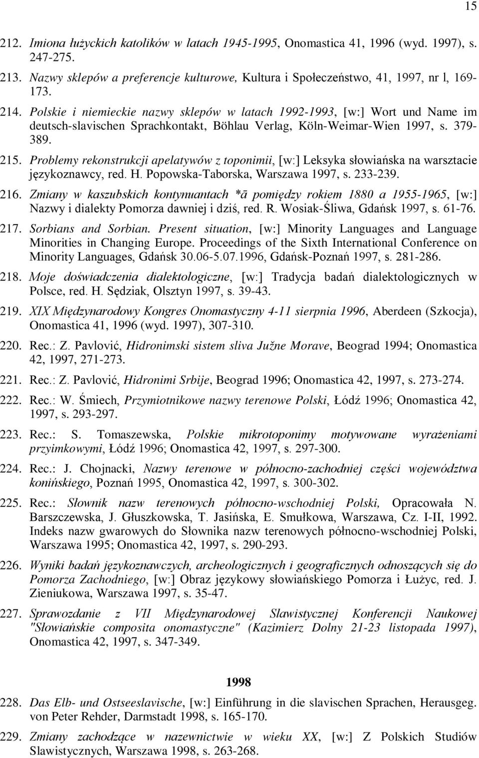 Problemy rekonstrukcji apelatywów z toponimii, [w:] Leksyka słowiańska na warsztacie językoznawcy, red. H. Popowska-Taborska, Warszawa 1997, s. 233-239. 216.