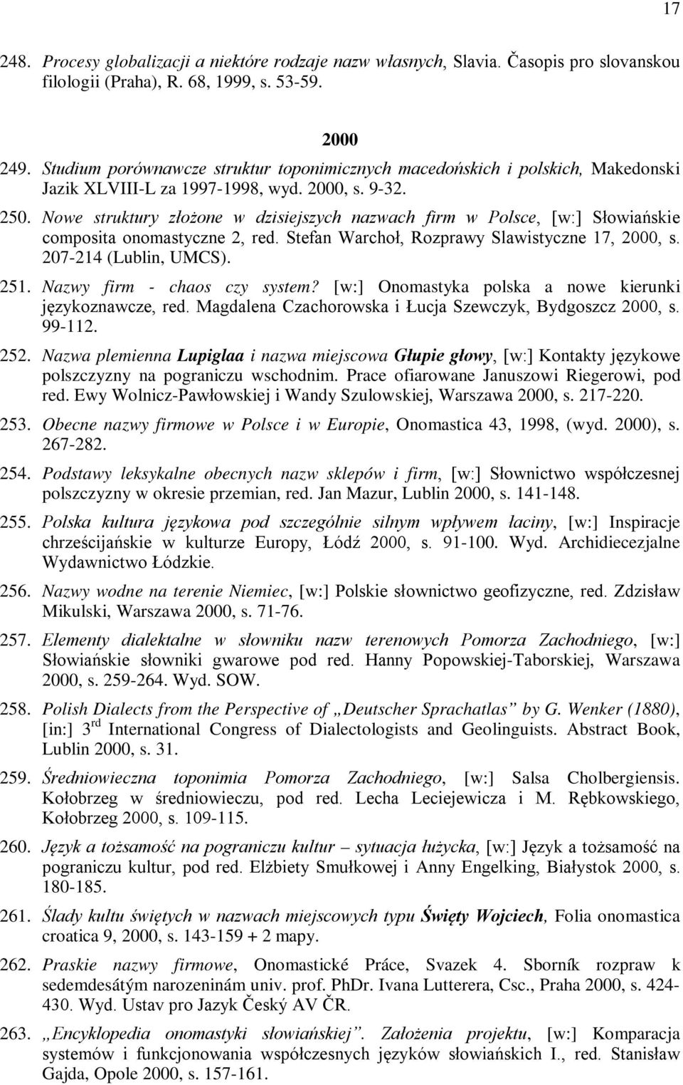 Nowe struktury złożone w dzisiejszych nazwach firm w Polsce, [w:] Słowiańskie composita onomastyczne 2, red. Stefan Warchoł, Rozprawy Slawistyczne 17, 2000, s. 207-214 (Lublin, UMCS). 251.