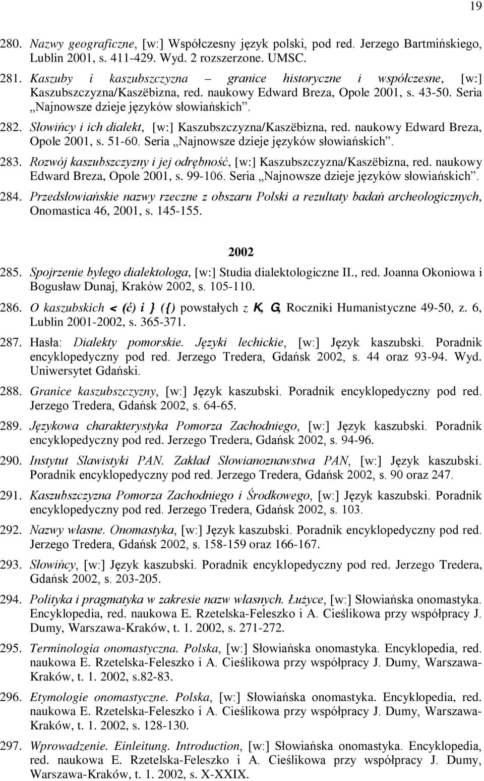 Słowińcy i ich dialekt, [w:] Kaszubszczyzna/Kaszëbizna, red. naukowy Edward Breza, Opole 2001, s. 51-60. Seria Najnowsze dzieje języków słowiańskich. 283.