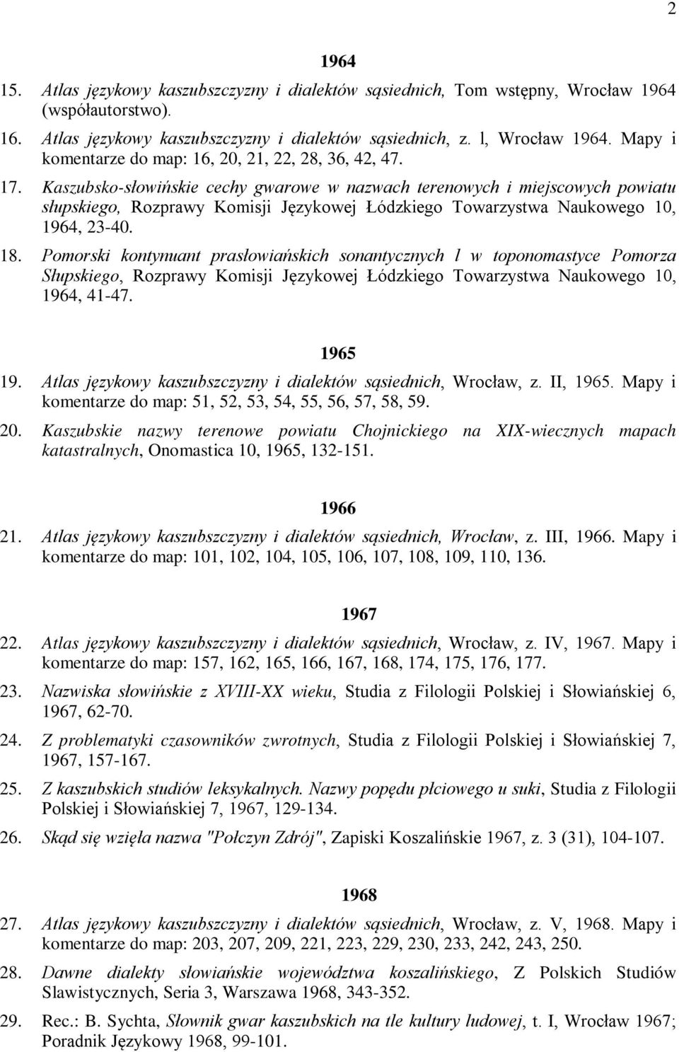 Kaszubsko-słowińskie cechy gwarowe w nazwach terenowych i miejscowych powiatu słupskiego, Rozprawy Komisji Językowej Łódzkiego Towarzystwa Naukowego 10, 1964, 23-40. 18.