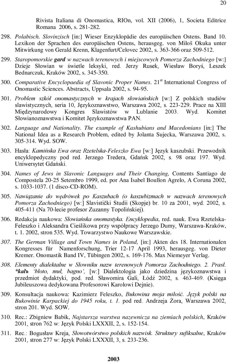 Staropomorskie gard w nazwach terenowych i miejscowych Pomorza Zachodniego [w:] Dzieje Słowian w świetle leksyki, red. Jerzy Rusek, Wiesław Boryś, Leszek Bednarczuk, Kraków 2002, s. 345-350. 300.