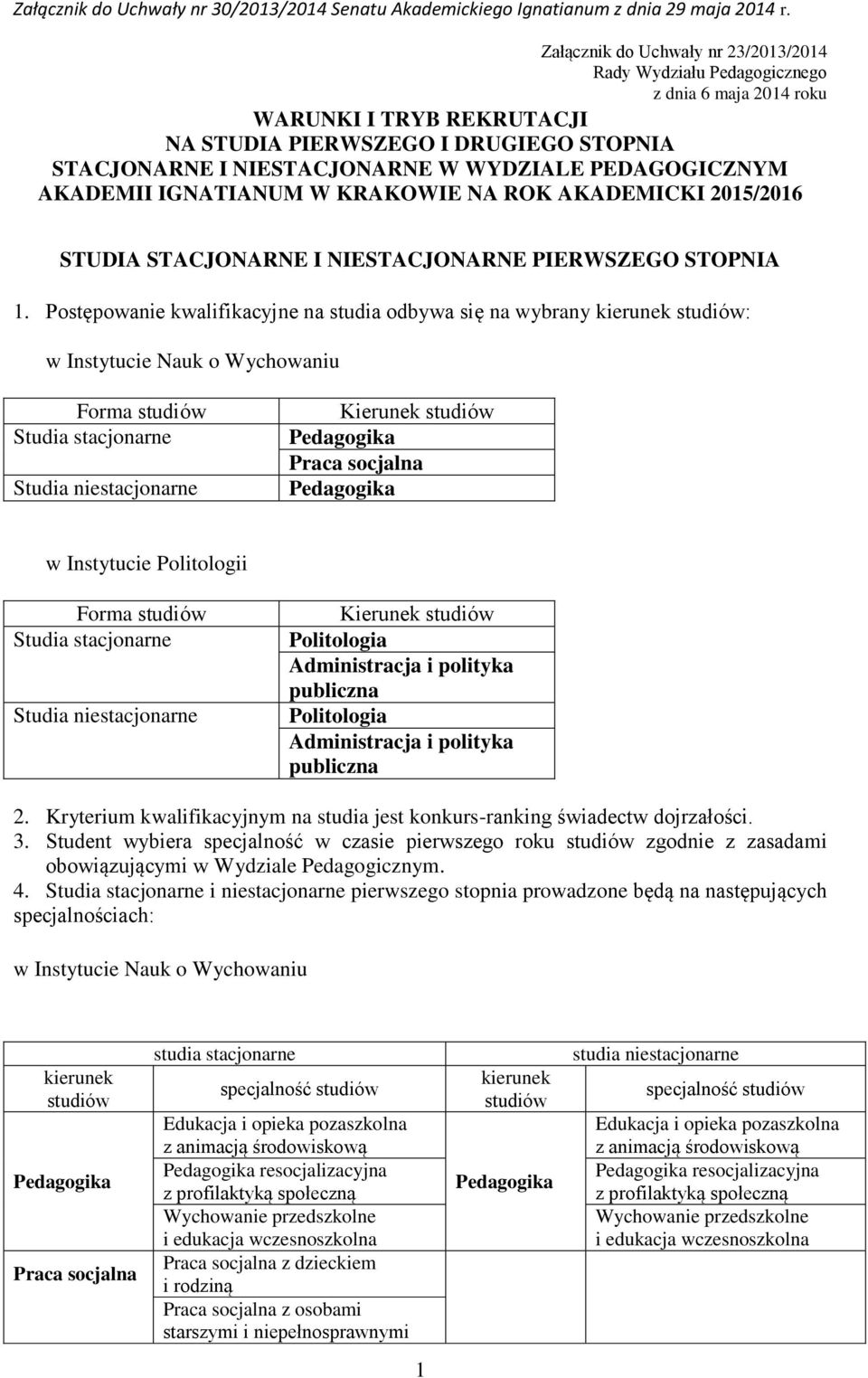 PEDAGOGICZNYM AKADEMII IGNATIANUM W KRAKOWIE NA ROK AKADEMICKI 2015/2016 STUDIA STACJONARNE I NIESTACJONARNE PIERWSZEGO STOPNIA 1.