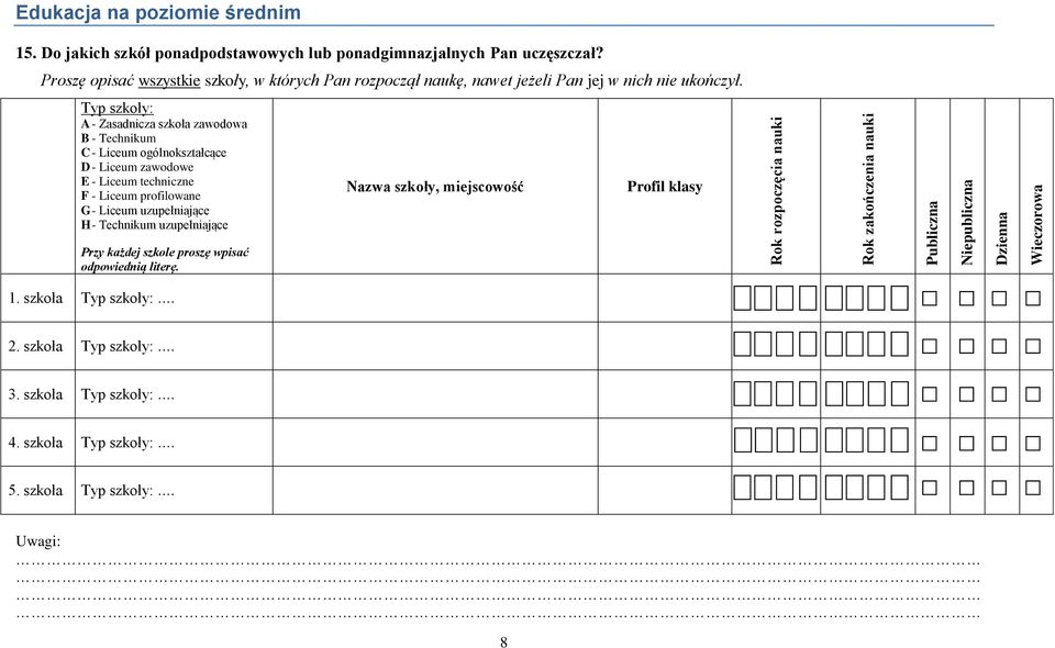 Typ szkoły: A - Zasadnicza szkoła zawodowa B - Technikum C - Liceum ogólnokształcące D - Liceum zawodowe E - Liceum techniczne F - Liceum profilowane G - Liceum uzupełniające H -