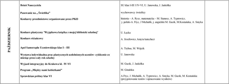 Smyka PAŹDZIERNIK Konkurs plastyczny Wyjątkowa książka z mojej biblioteki szkolnej Konkurs różańcowy Apel Samorządu Uczniowskiego klas I III Wystawa indywidualna prac plastycznych uzdolnionych