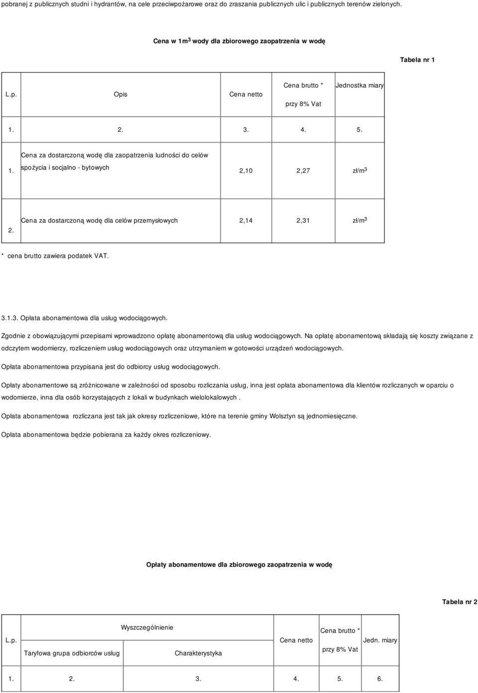 Cena za dostarczoną wodę dla zaopatrzenia ludności do celów spożycia i socjalno - bytowych 2,10 2,27 zł/m3 2.