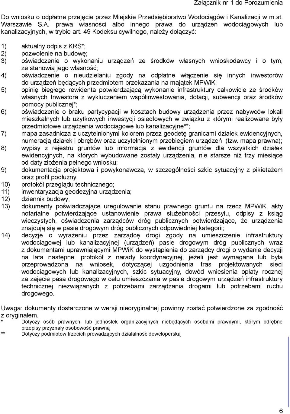 49 Kodeksu cywilnego, należy dołączyć: 1) aktualny odpis z KRS*; 2) pozwolenie na budowę; 3) oświadczenie o wykonaniu urządzeń ze środków własnych wnioskodawcy i o tym, że stanowią jego własność; 4)