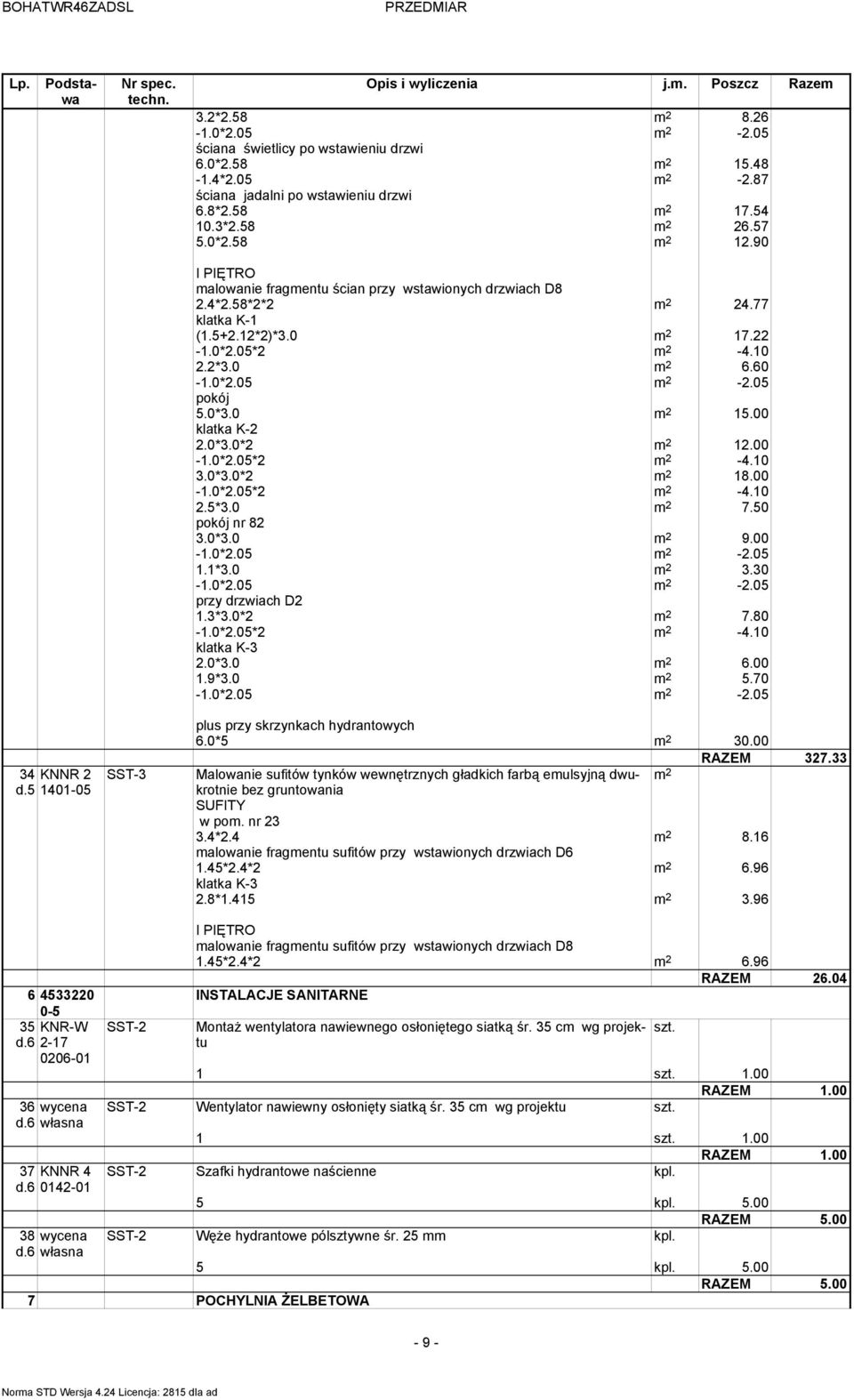 50 pokój nr 82 3.0*3.0 9.00 1.1*3.0 3.30 przy drzwiach D2 1.3*3.0*2 7.80 klatka K-3 2.0*3.0 6.00 1.9*3.0 5.70 34 KNNR 2 d.5 1401-05 SST-3 plus przy skrzynkach hydrantowych 6.0*5 30.00 RAZEM 327.