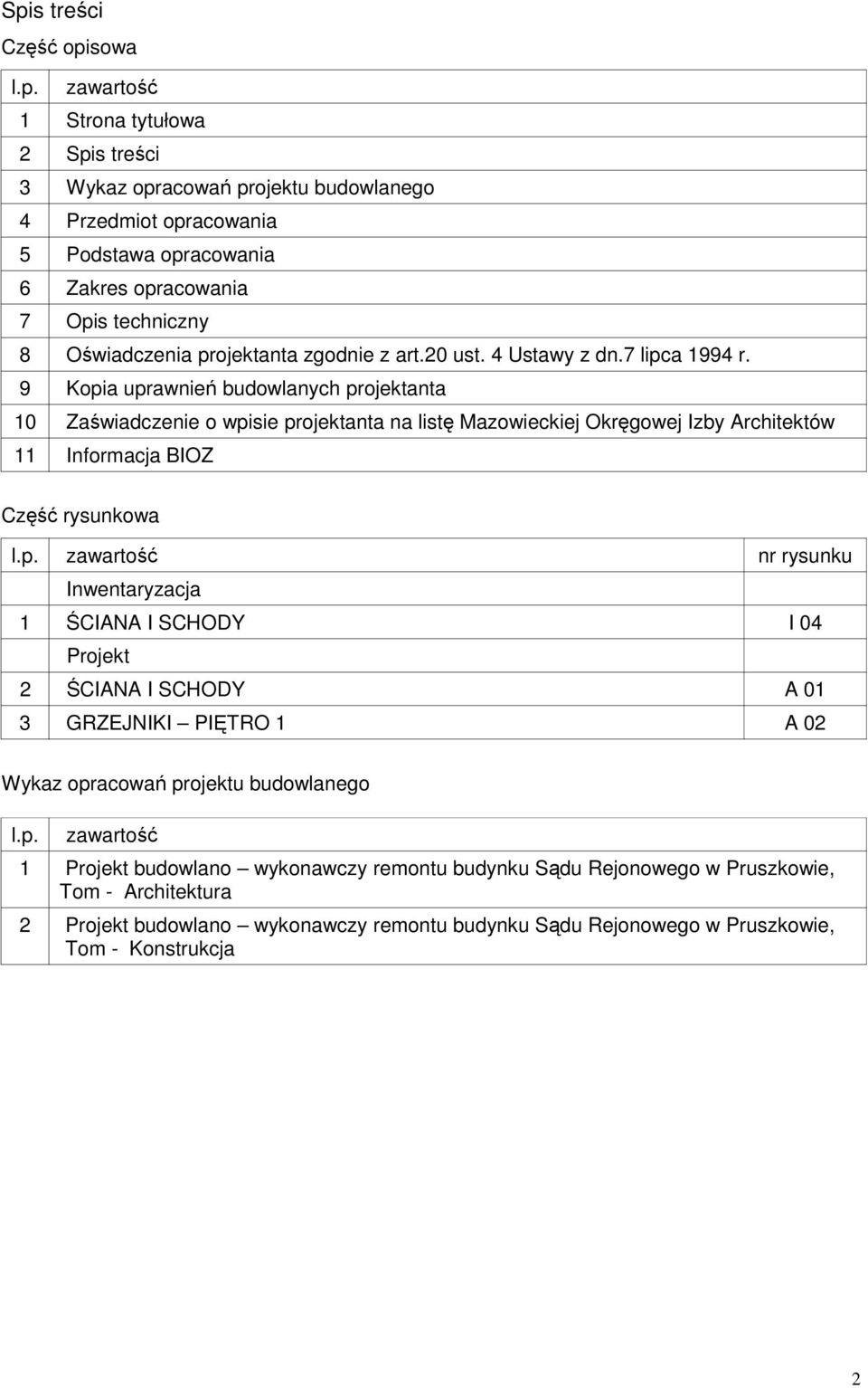 9 Kopia uprawnień budowlanych projektanta 10 Zaświadczenie o wpisie projektanta na listę Mazowieckiej Okręgowej Izby Architektów 11 Informacja BIOZ Część rysunkowa l.p. zawartość nr rysunku Inwentaryzacja 1 ŚCIANA I SCHODY I 04 Projekt 2 ŚCIANA I SCHODY A 01 3 GRZEJNIKI PIĘTRO 1 A 02 Wykaz opracowań projektu budowlanego l.