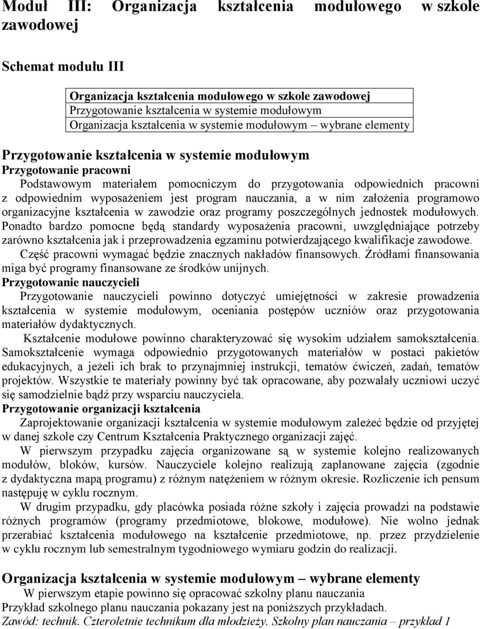 odpowiednim wyposażeniem jest program nauczania, a w nim założenia programowo organizacyjne kształcenia w zawodzie oraz programy poszczególnych jednostek modułowych.