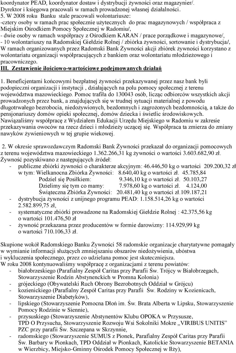 ramach współpracy z Ośrodkiem KARAN / prace porządkowe i magazynowe/, - 10 wolontariuszy na Radomskiej Giełdzie Rolnej / zbiórka żywności, sortowanie i dystrybucja/, W ramach organizowanych przez