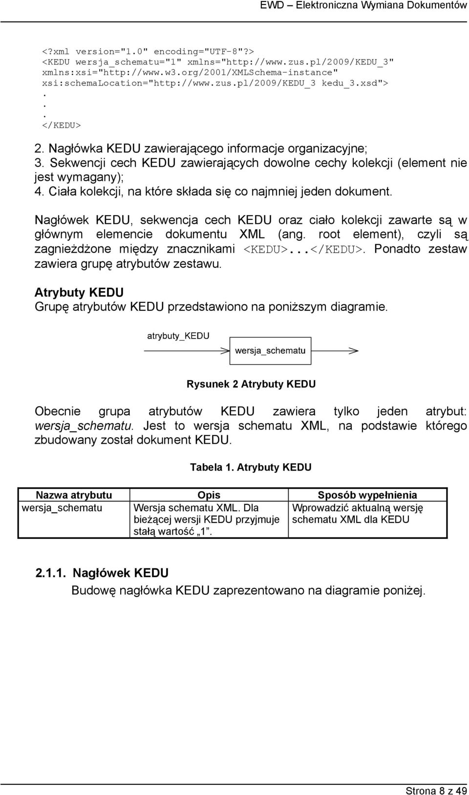 Ciała kolekcji, na które składa się co najmniej jeden dokument. Nagłówek KEDU, sekwencja cech KEDU oraz ciało kolekcji zawarte są w głównym elemencie dokumentu XML (ang.