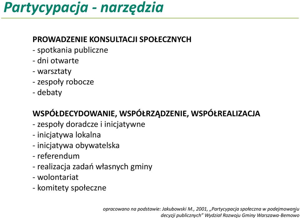 - inicjatywa obywatelska - referendum - realizacja zadań własnych gminy - wolontariat - komitety społeczne opracowano na