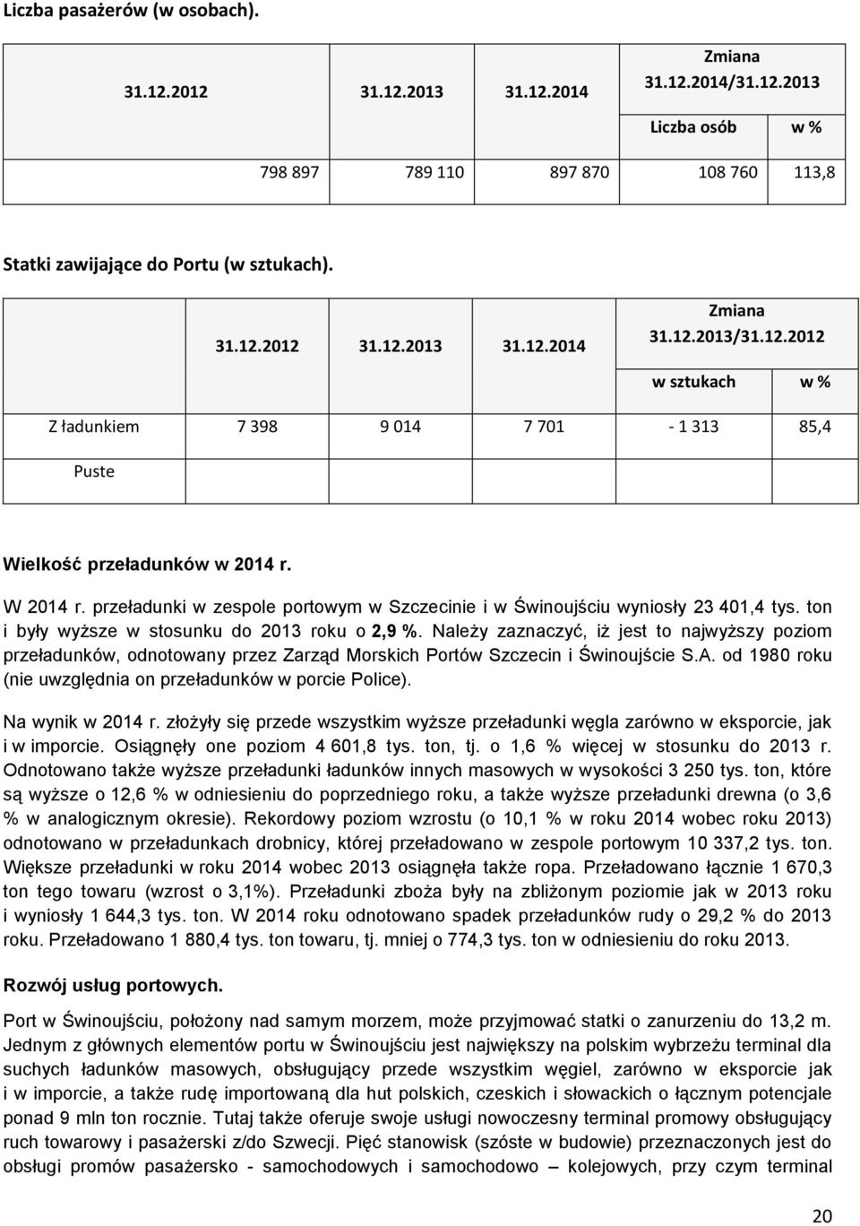 ton i były wyższe w stosunku do 2013 roku o 2,9 %. Należy zaznaczyć, iż jest to najwyższy poziom przeładunków, odnotowany przez Zarząd Morskich Portów Szczecin i Świnoujście S.A.