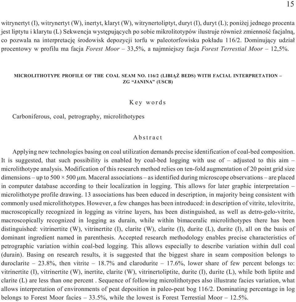 Dominuj¹cy udzia³ procentowy w profilu ma facja Forest Moor 33,5%, a najmniejszy facja Forest Terrestial Moor 12,5%. MICROLITHOTYPE PROFILE OF THE COAL SEAM NO.