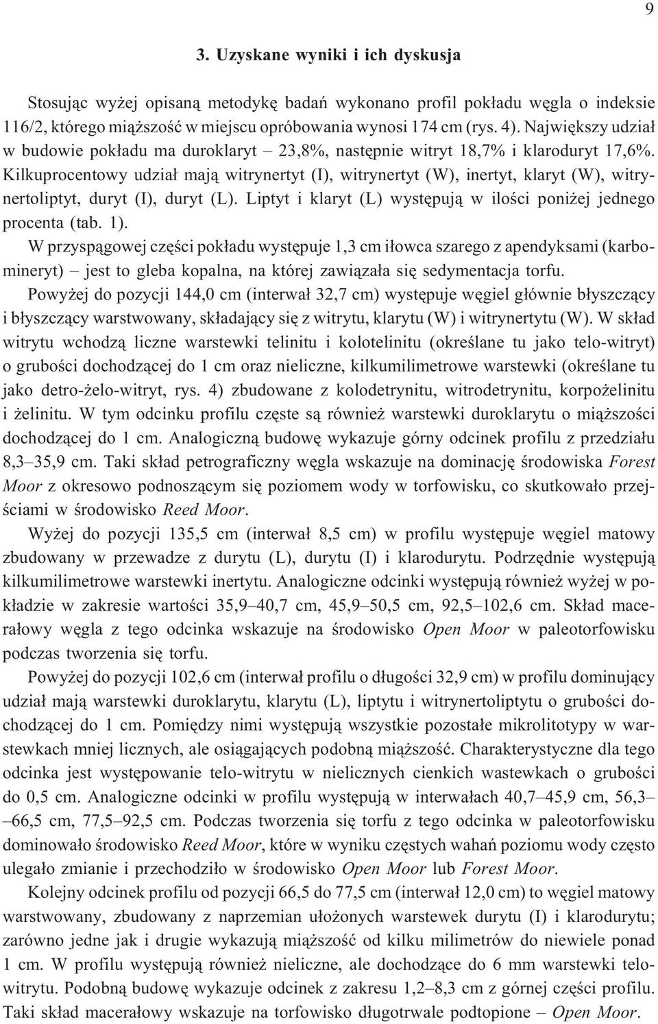Kilkuprocentowy udzia³ maj¹ witrynertyt (I), witrynertyt (W), inertyt, klaryt (W), witrynertoliptyt, duryt (I), duryt (L). Liptyt i klaryt (L) wystêpuj¹ w iloœci poni ej jednego procenta (tab. 1).