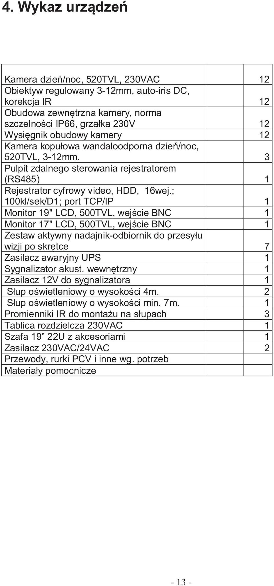 ; 100kl/sek/D1; port TCP/IP 1 Monitor 19" LCD, 500TVL, wej cie BNC 1 Monitor 17" LCD, 500TVL, wej cie BNC 1 Zestaw aktywny nadajnik-odbiornik do przesy u wizji po skr tce 7 Zasilacz awaryjny UPS 1