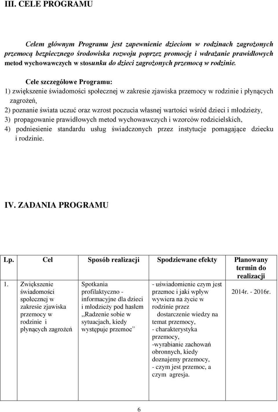 Cele szczegółowe Programu: 1) zwiększenie świadomości społecznej w zakresie zjawiska przemocy w rodzinie i płynących zagrożeń, 2) poznanie świata uczuć oraz wzrost poczucia własnej wartości wśród