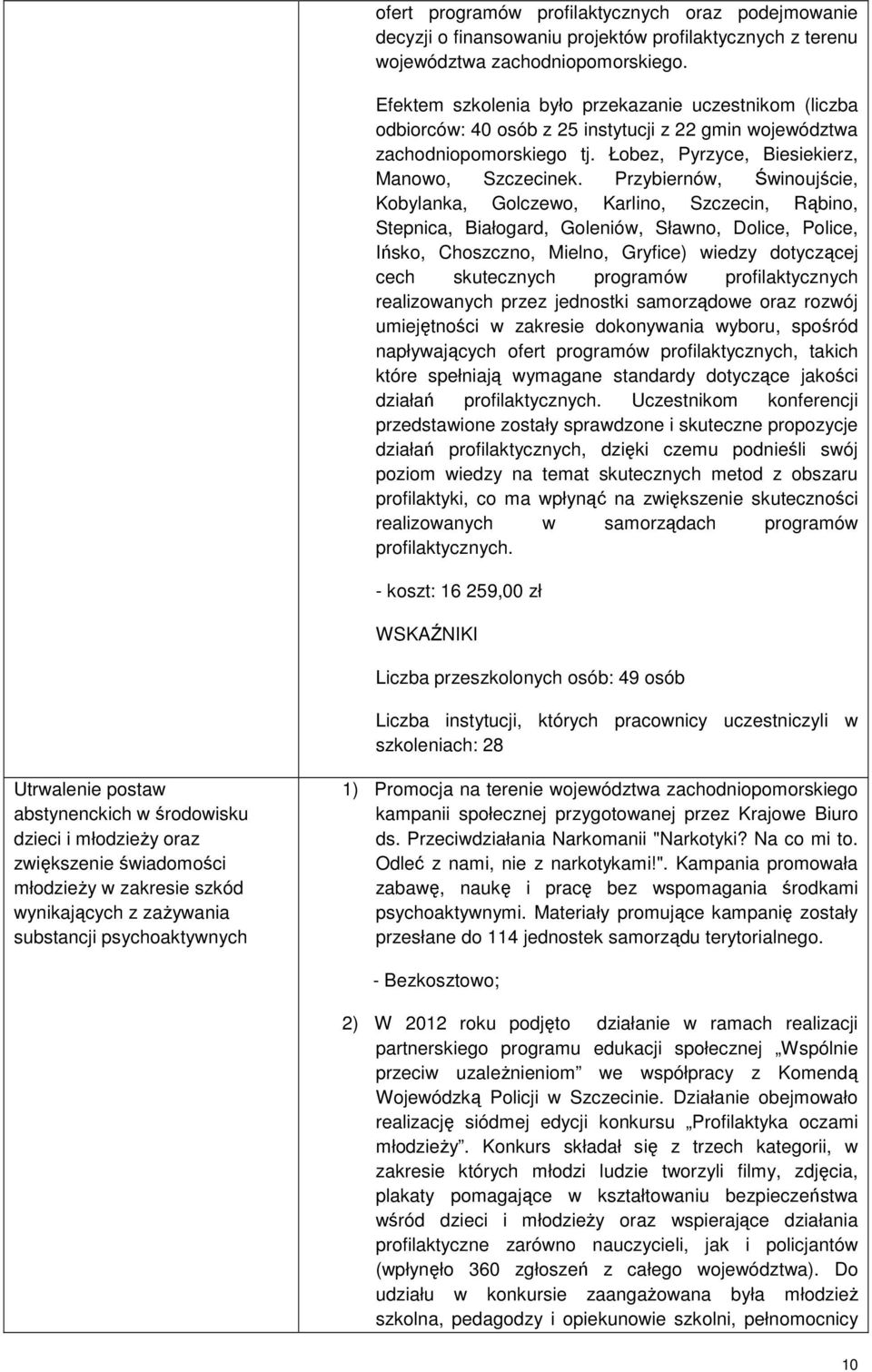 Przybiernów, Świnoujście, Kobylanka, Golczewo, Karlino, Szczecin, Rąbino, Stepnica, Białogard, Goleniów, Sławno, Dolice, Police, Ińsko, Choszczno, Mielno, Gryfice) wiedzy dotyczącej cech skutecznych