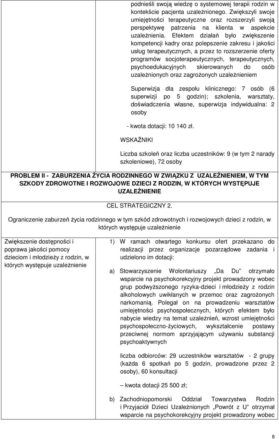 Efektem działań było zwiększenie kompetencji kadry oraz polepszenie zakresu i jakości usług terapeutycznych, a przez to rozszerzenie oferty programów socjoterapeutycznych, terapeutycznych,