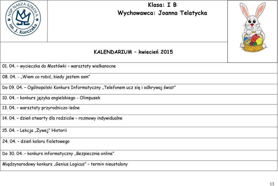 04. dzień otwarty dla rodziców rozmowy indywidualne 15. 04.