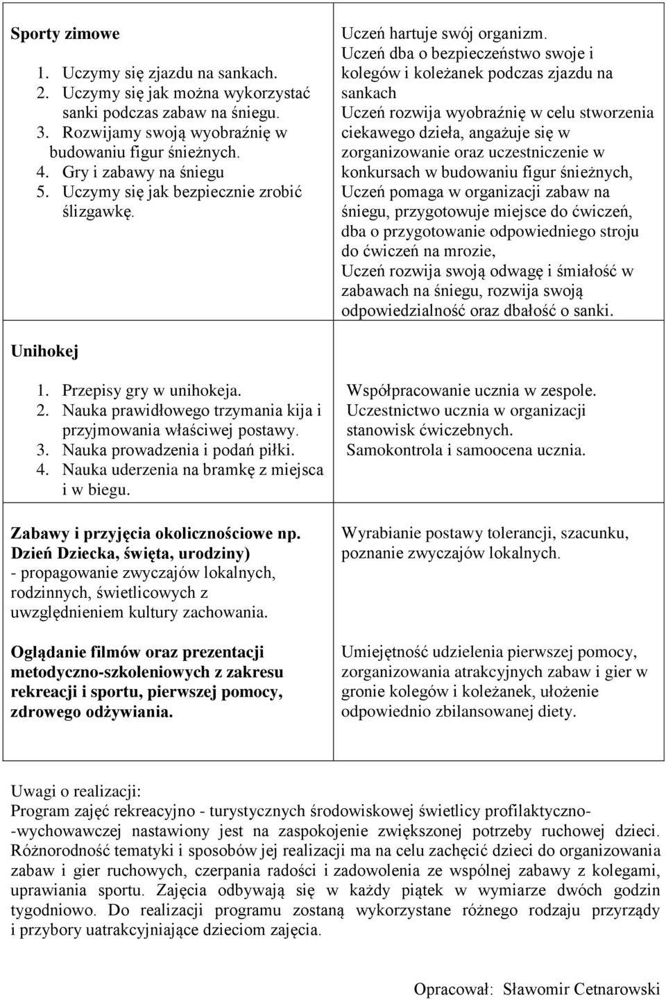 Uczeń dba o bezpieczeństwo swoje i kolegów i koleżanek podczas zjazdu na sankach Uczeń rozwija wyobraźnię w celu stworzenia ciekawego dzieła, angażuje się w zorganizowanie oraz uczestniczenie w