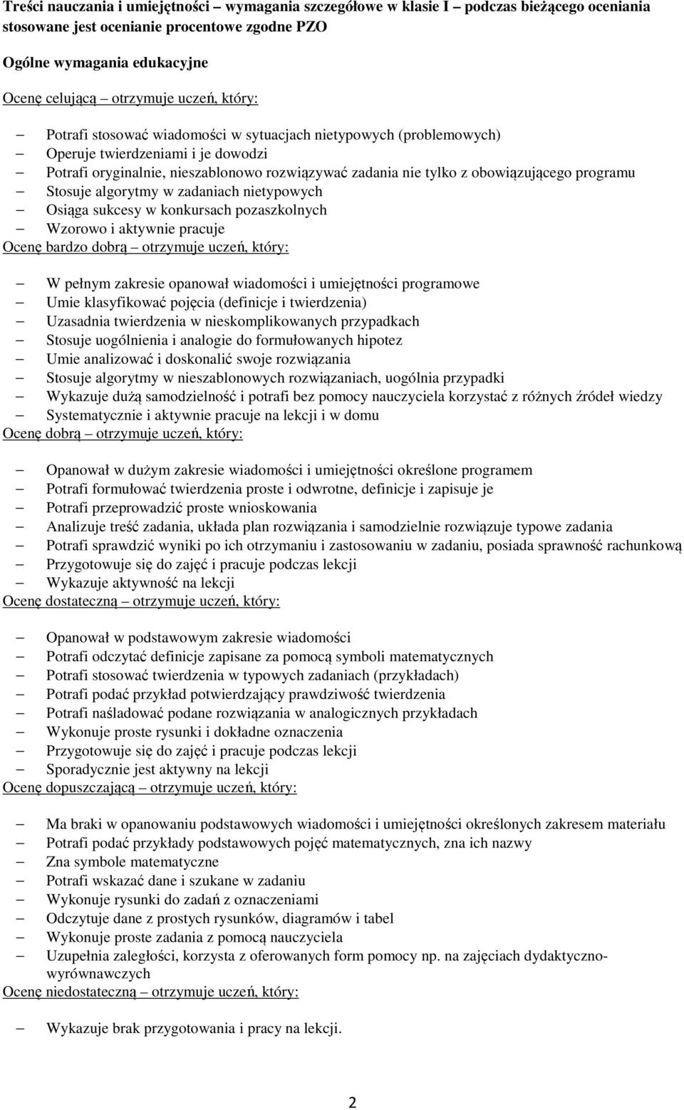 programu Stosuje algorytmy w zadaniach nietypowych Osiąga sukcesy w konkursach pozaszkolnych Wzorowo i aktywnie pracuje Ocenę bardzo dobrą otrzymuje uczeń, który: W pełnym zakresie opanował