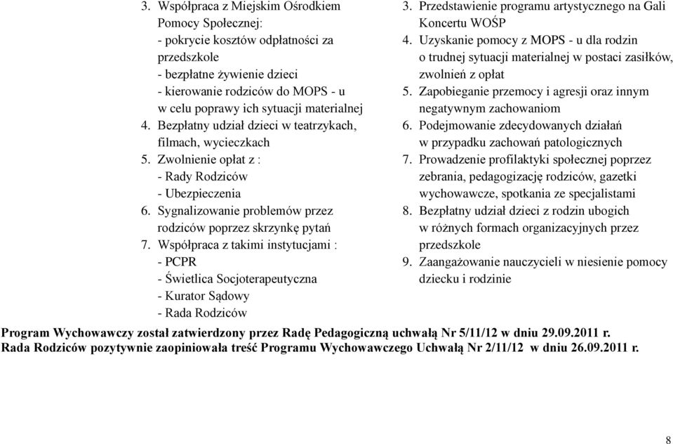 Współpraca z takimi instytucjami : - PCPR - Świetlica Socjoterapeutyczna - Kurator Sądowy - Rada Rodziców 3. Przedstawienie programu artystycznego na Gali Koncertu WOŚP 4.
