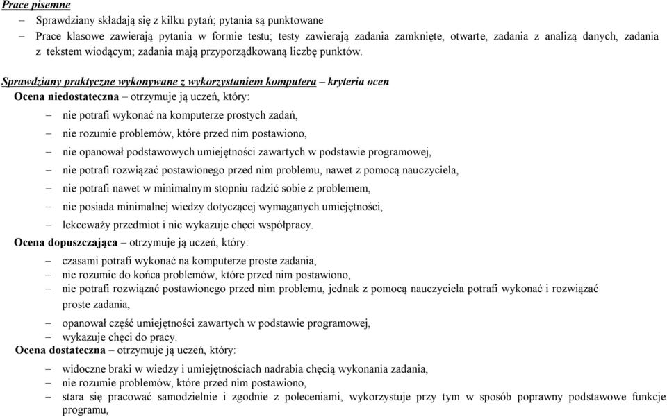 Sprawdziany praktyczne wykonywane z wykorzystaniem komputera kryteria ocen Ocena niedostateczna otrzymuje ją uczeń, który: nie potrafi wykonać na komputerze prostych zadań, nie rozumie problemów,
